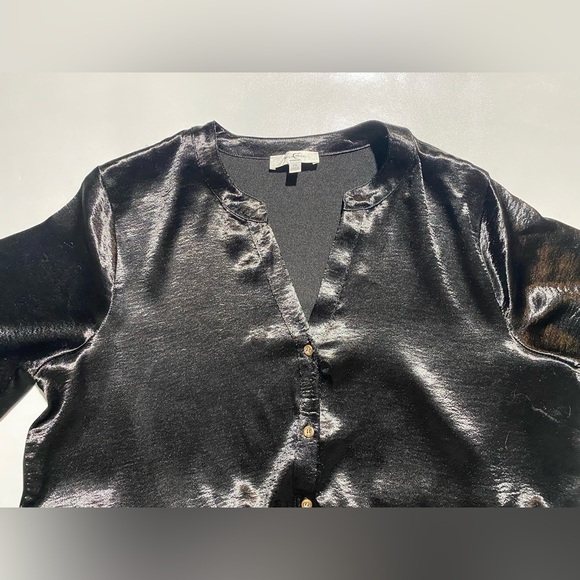 NEW Plus Size 2X Moa Moa Split VNeck 3/4 Sleeve Tier Button Frt Blouse Black - Picture 7 of 10